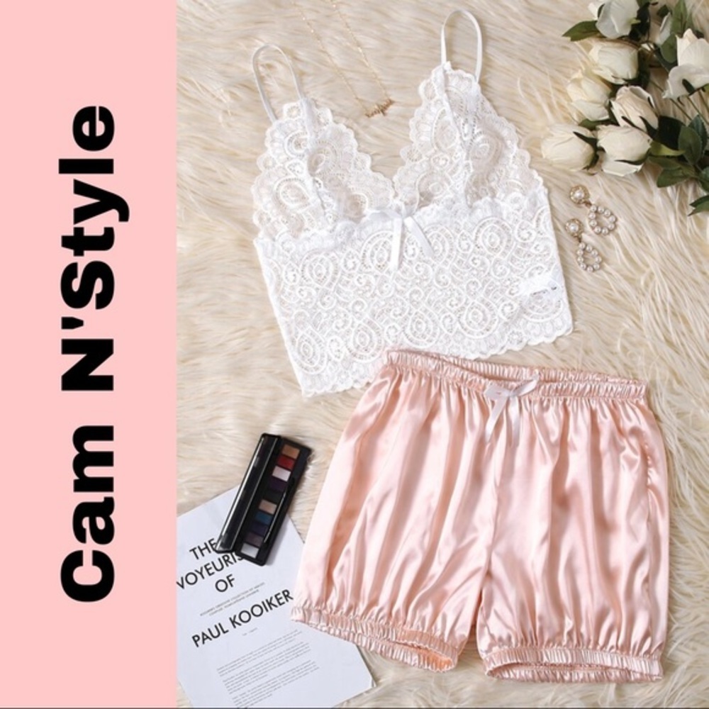 New White & Pink Satin Silk-Like Lace PJ Set​